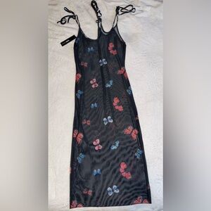 Black Mesh Butterfly Print Bathing Suit Coverup Dress